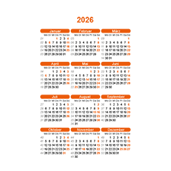 Vorschaubild für ein orangenes Kalendarium eines Taschenkalenders im Hochformat.